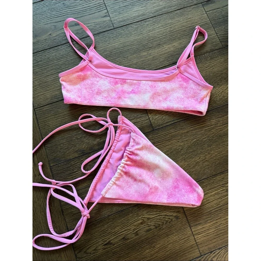 Frankies Bikinis Rhinestone Top & Side Tie Bottom Set Pink Size Med MWOT